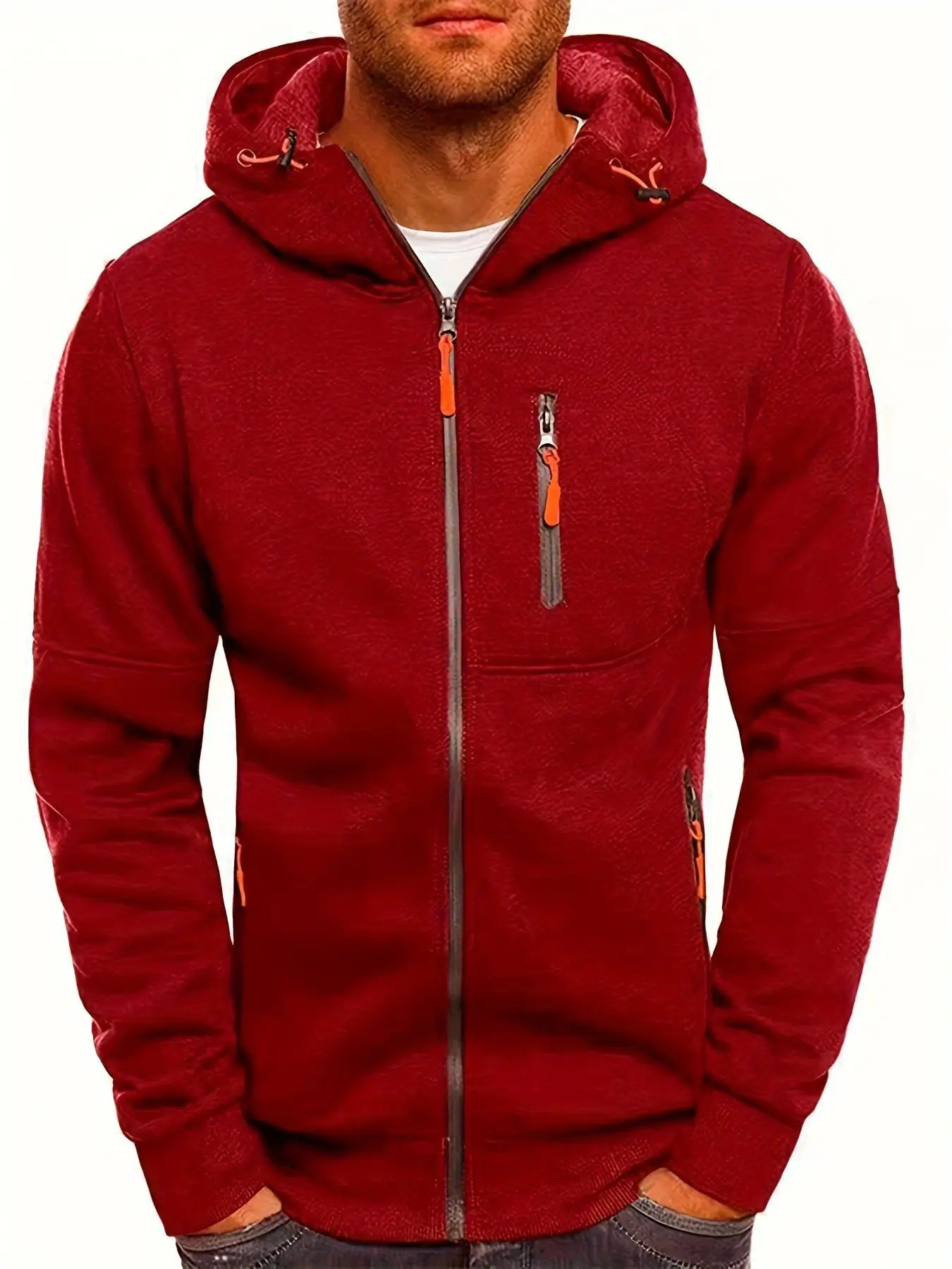 Men's Grey Hooded Full Zip Jacket with Orange Accents