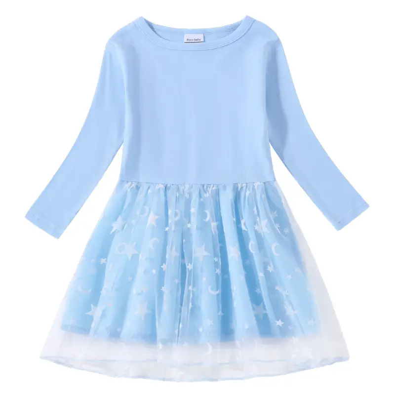 Light Blue Starry Moon Long Sleeve Girls Dress - Image 3