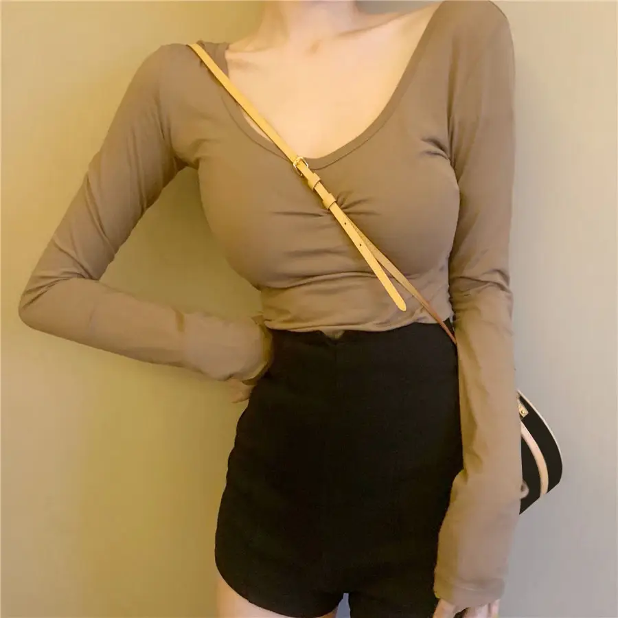 Women Backless Long Sleeve T-Shirt Brown U-Neck