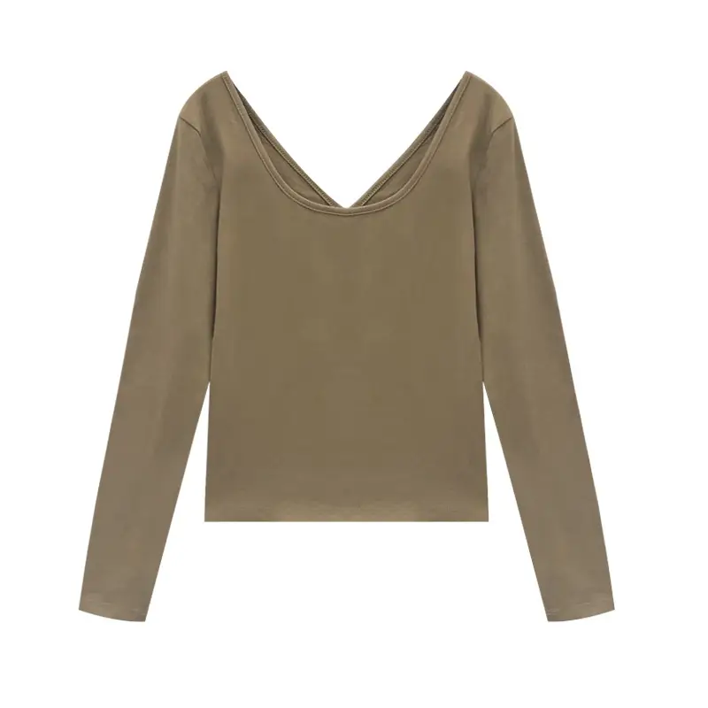 Women Backless Long Sleeve T-Shirt Brown U-Neck