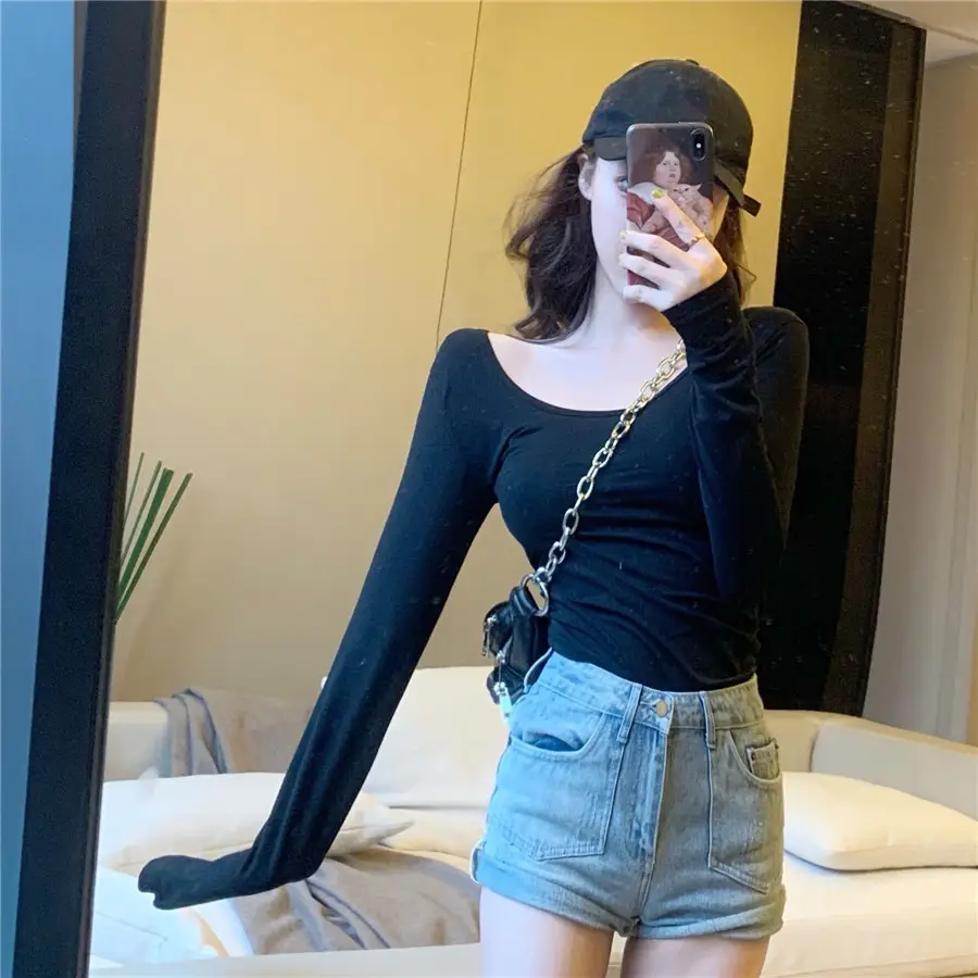 Women Backless Long Sleeve T-Shirt Brown U-Neck — feature 11