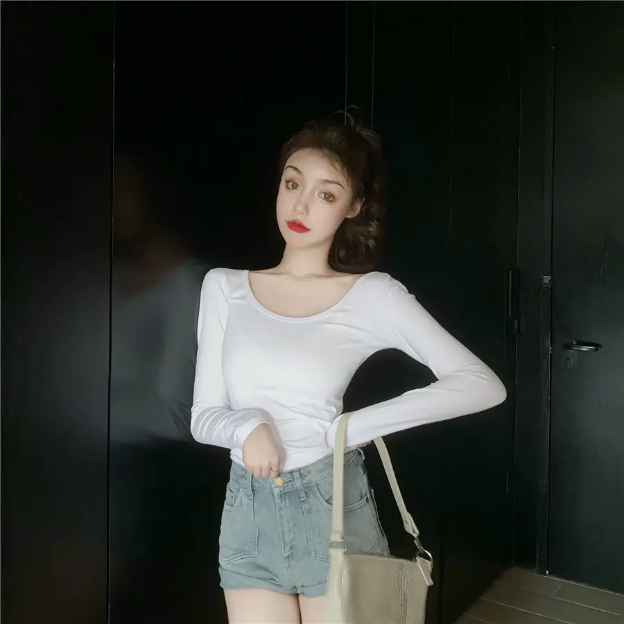 Women Backless Long Sleeve T-Shirt Brown U-Neck — feature 14