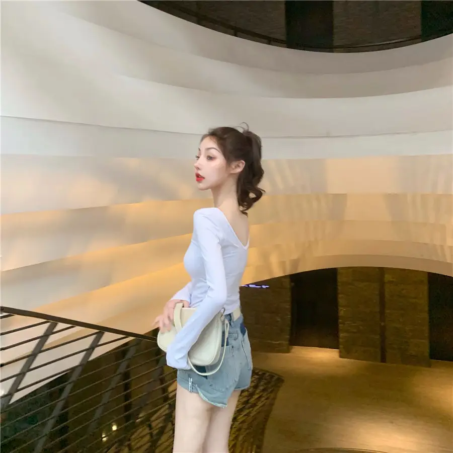 Women Backless Long Sleeve T-Shirt Brown U-Neck — feature 18