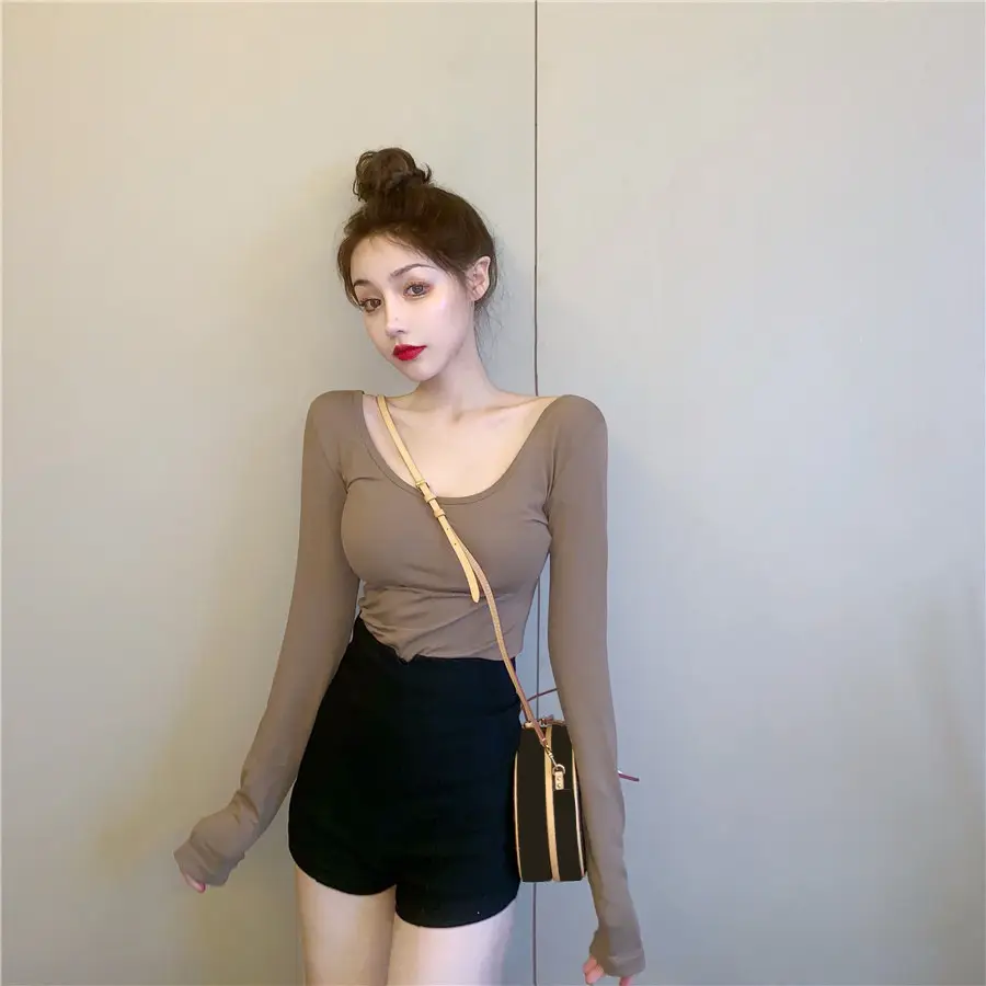 Women Backless Long Sleeve T-Shirt Brown U-Neck — feature 2