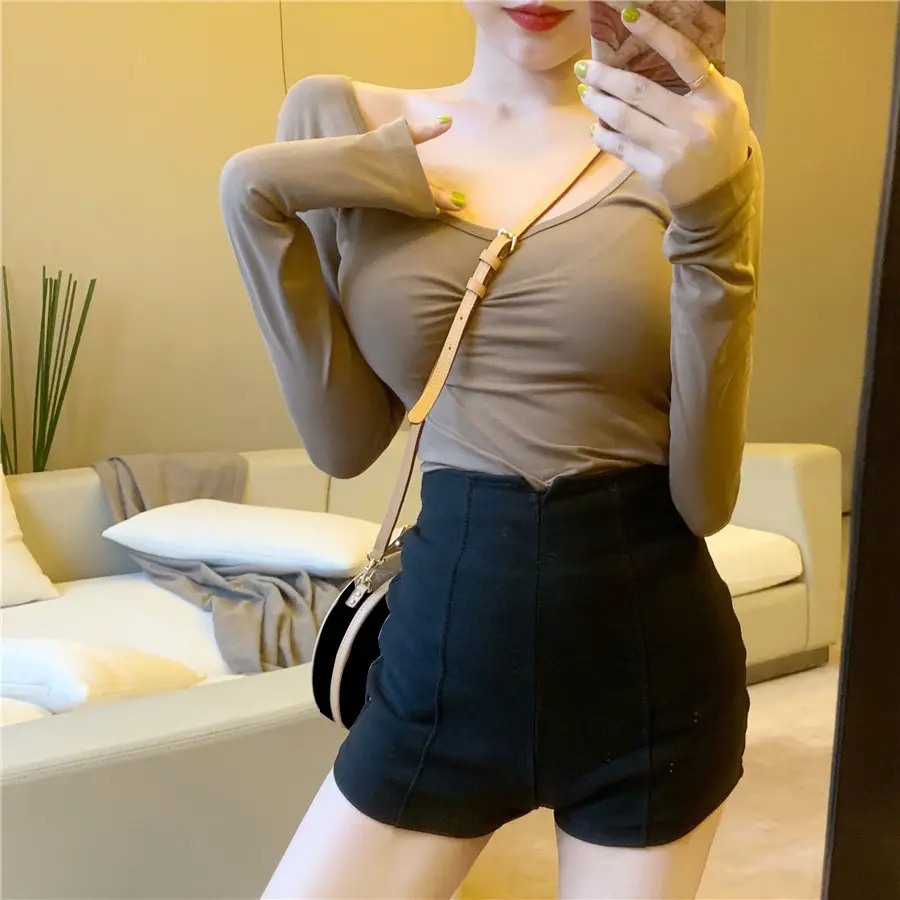 Women Backless Long Sleeve T-Shirt Brown U-Neck — feature 22