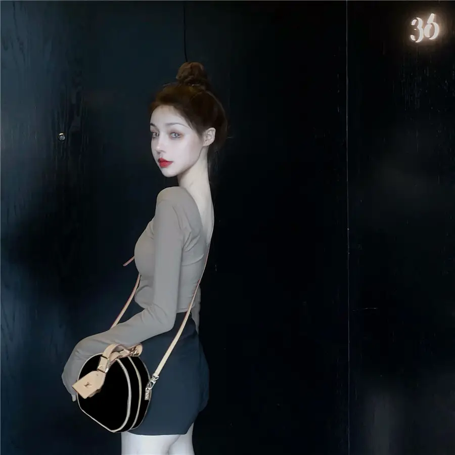 Women Backless Long Sleeve T-Shirt Brown U-Neck — feature 25
