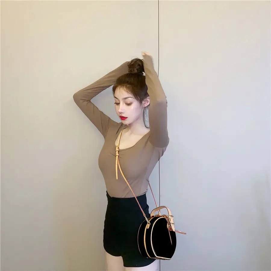 Women Backless Long Sleeve T-Shirt Brown U-Neck — feature 26