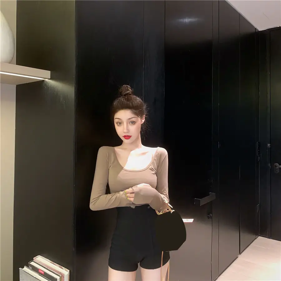 Women Backless Long Sleeve T-Shirt Brown U-Neck — feature 3