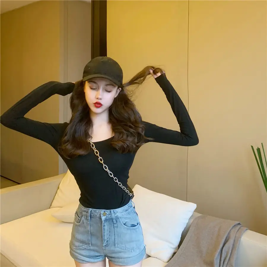 Women Backless Long Sleeve T-Shirt Brown U-Neck — feature 7