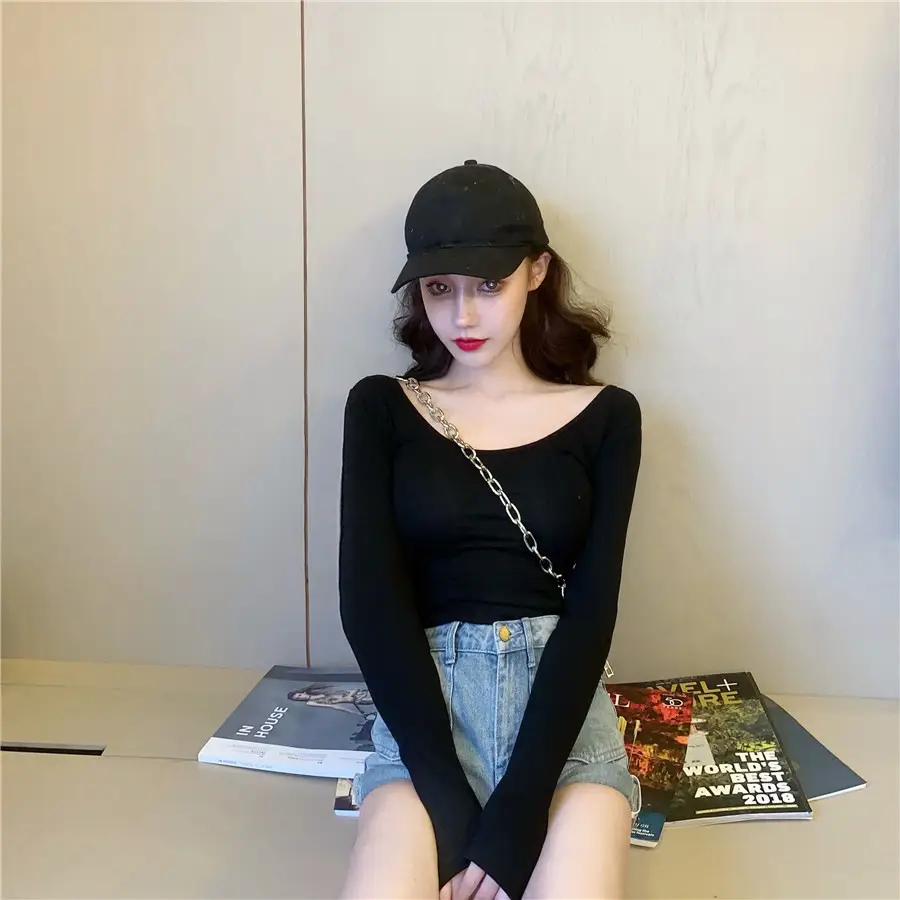 Women Backless Long Sleeve T-Shirt Brown U-Neck — feature 8