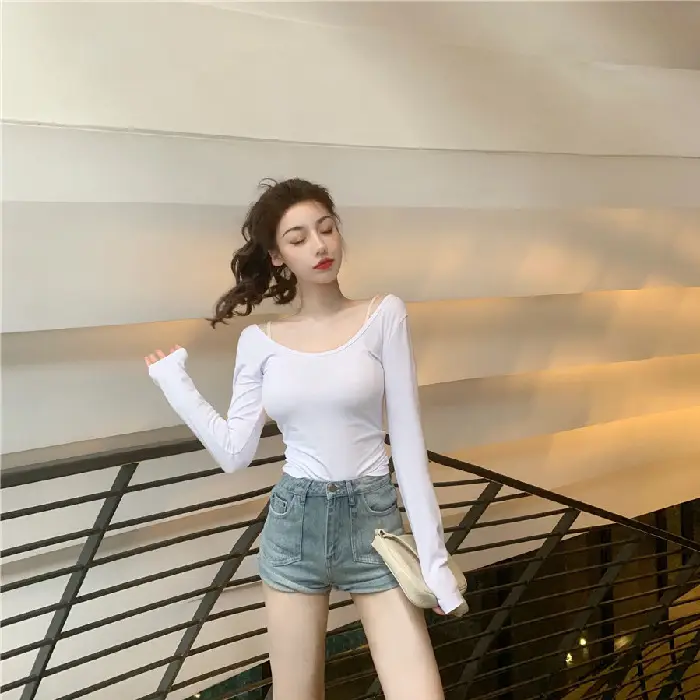 Women Backless Long Sleeve T-Shirt Brown U-Neck