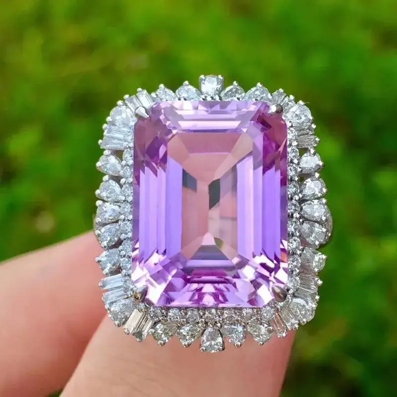 Imitation Natural Rectangular Amethyst Treasure Ring Plated 18K White Gold - Image 2