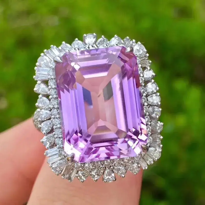 Imitation Natural Rectangular Amethyst Treasure Ring Plated 18K White Gold - Image 3
