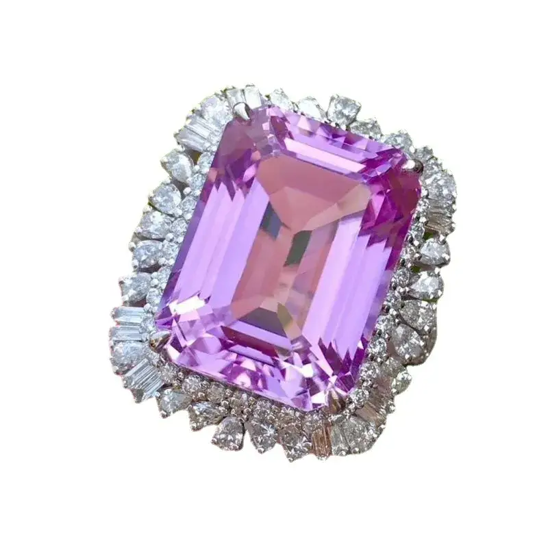 Imitation Natural Rectangular Amethyst Treasure Ring Plated 18K White Gold - Image 4