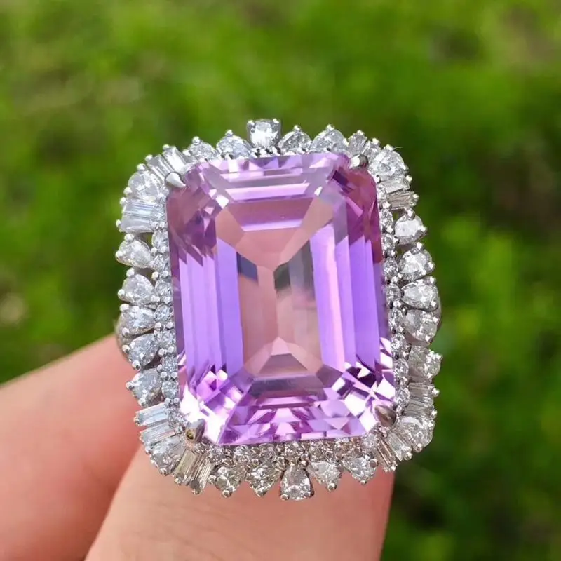 Imitation Natural Rectangular Amethyst Treasure Ring Plated 18K White Gold — feature 3