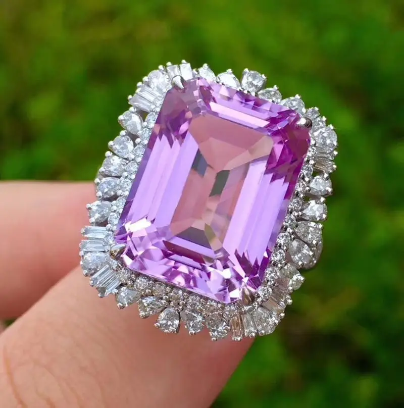 Imitation Natural Rectangular Amethyst Treasure Ring Plated 18K White Gold — feature 6