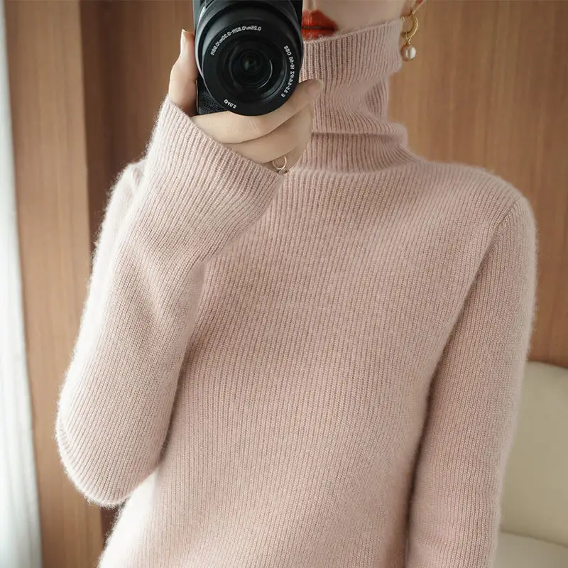 Women Turtleneck Sweater Beige Knitted Plus Size - Image 8