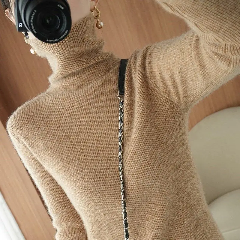 Women Turtleneck Sweater Beige Knitted Plus Size - Image 9