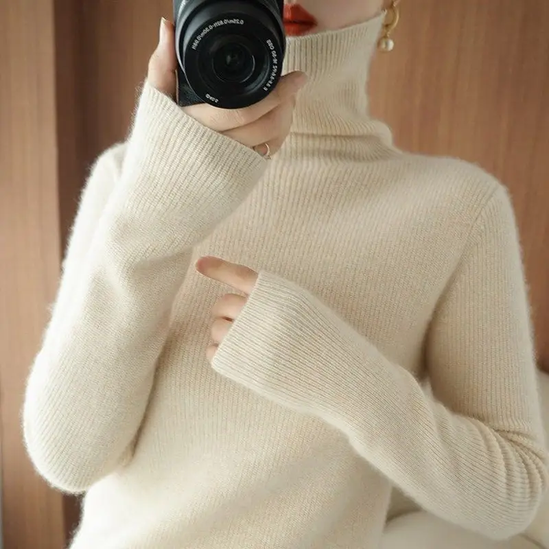 Women Turtleneck Sweater Beige Knitted Plus Size - Image 10