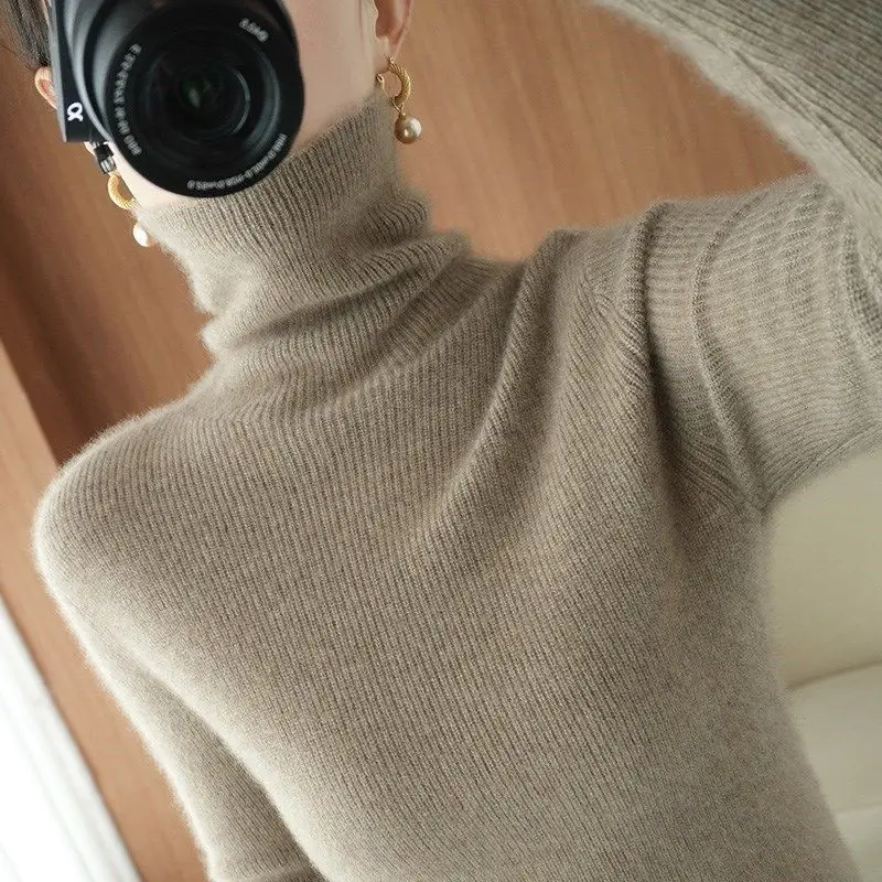 Women Turtleneck Sweater Beige Knitted Plus Size - Image 11