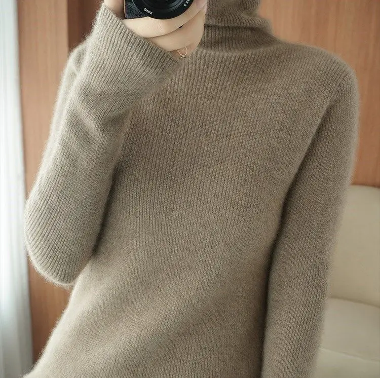 Women Turtleneck Sweater Beige Knitted Plus Size — feature 1