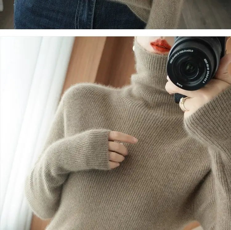 Women Turtleneck Sweater Beige Knitted Plus Size — feature 12
