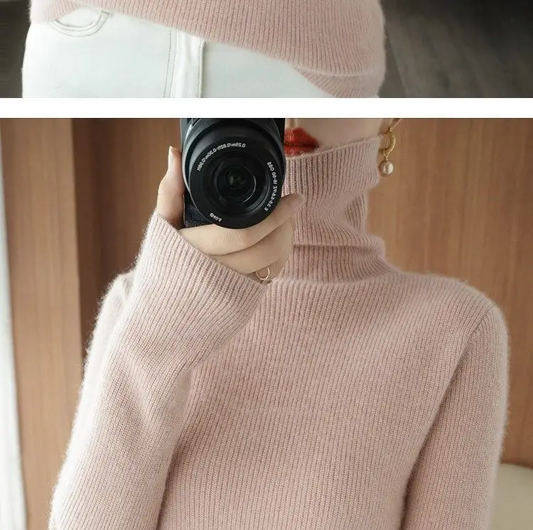 Women Turtleneck Sweater Beige Knitted Plus Size — feature 16