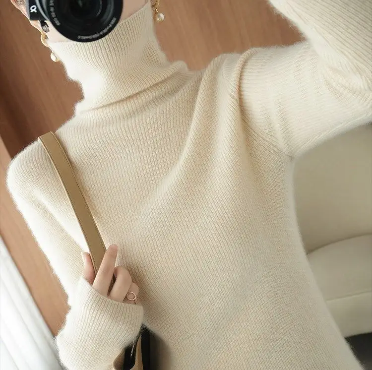 Women Turtleneck Sweater Beige Knitted Plus Size — feature 17