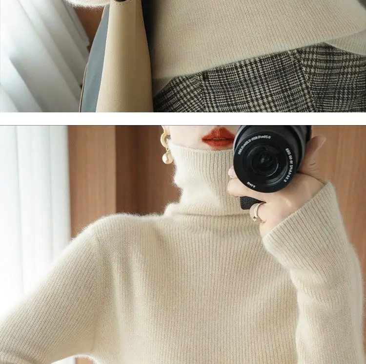 Women Turtleneck Sweater Beige Knitted Plus Size — feature 18