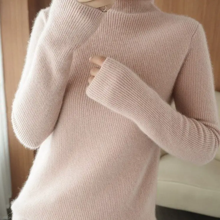 Women Turtleneck Sweater Beige Knitted Plus Size - Image 3