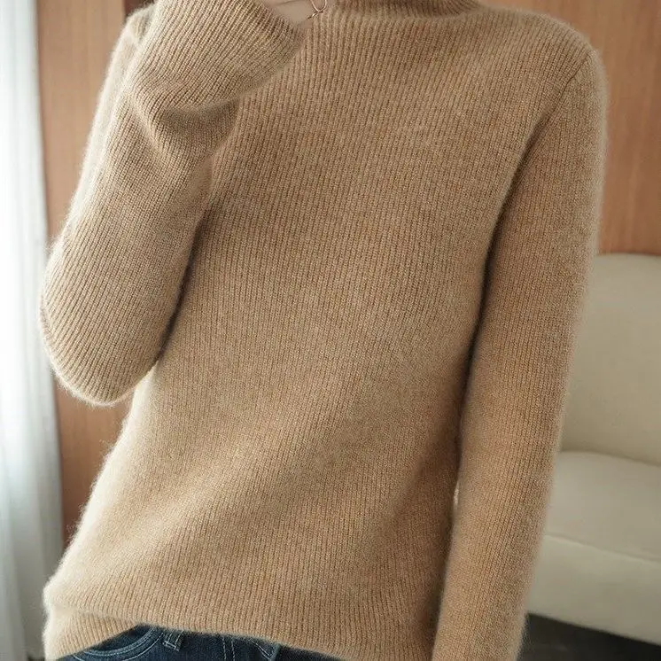 Women Turtleneck Sweater Beige Knitted Plus Size - Image 4