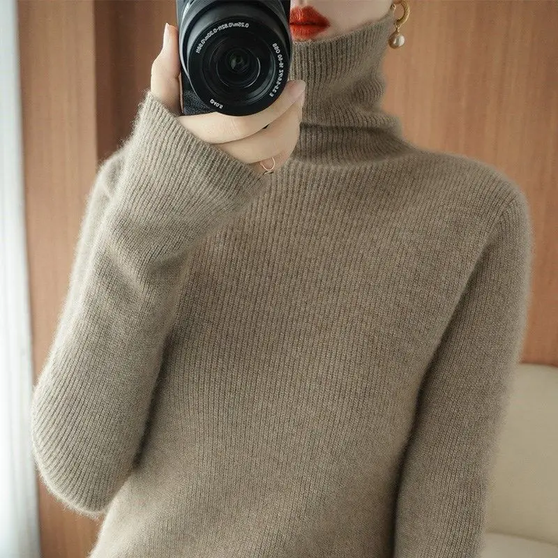 Women Turtleneck Sweater Beige Knitted Plus Size - Image 5