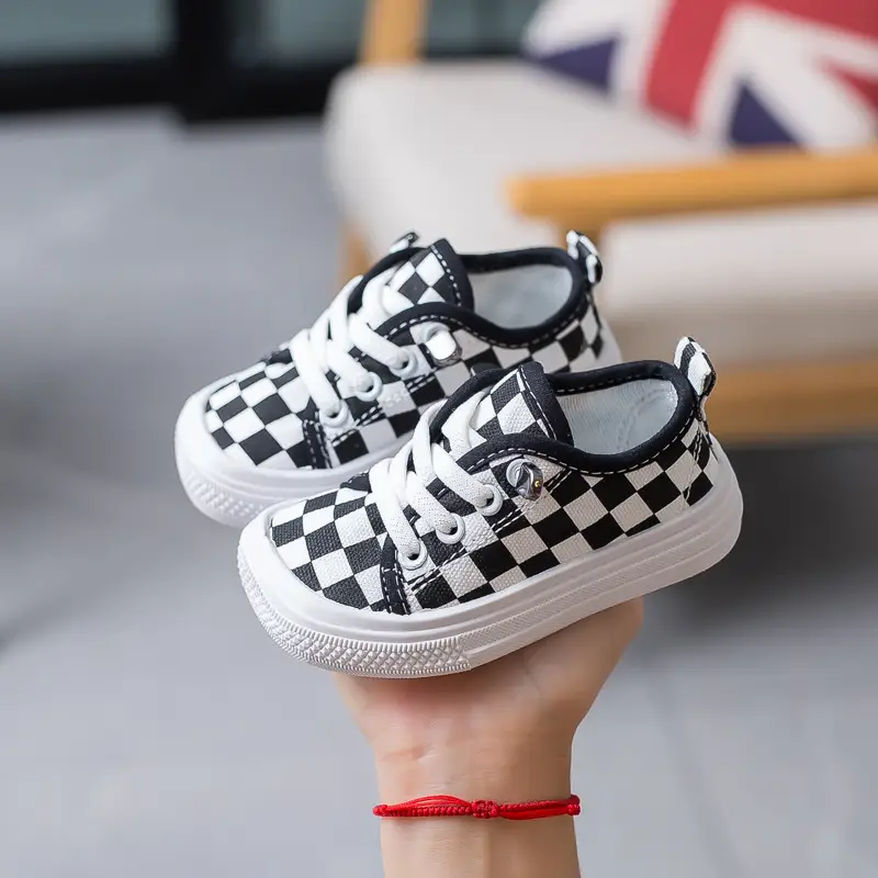 Black Checkered Baby Shoes for Boys Girls Soft Sole