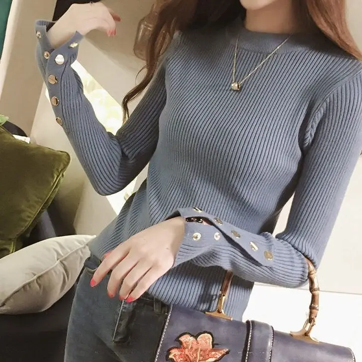 Black Knitted Half Turtleneck Sweater with Button Front — feature 4