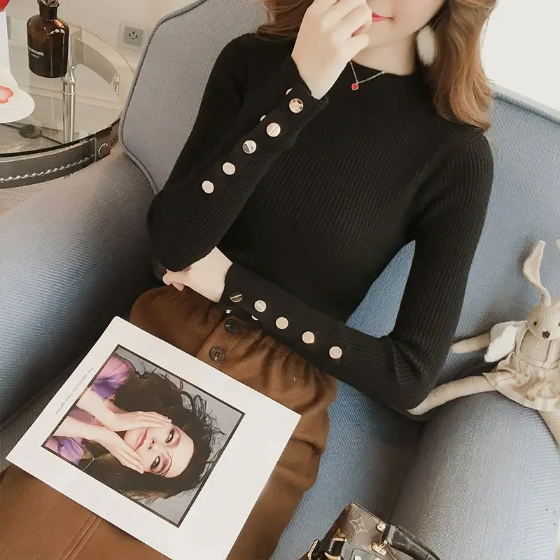 Black Knitted Half Turtleneck Sweater with Button Front — feature 5