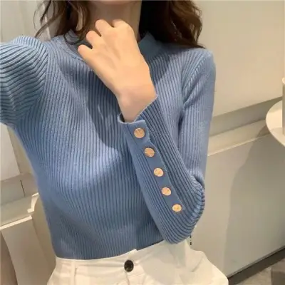 Black Knitted Half Turtleneck Sweater with Button Front - Image 4