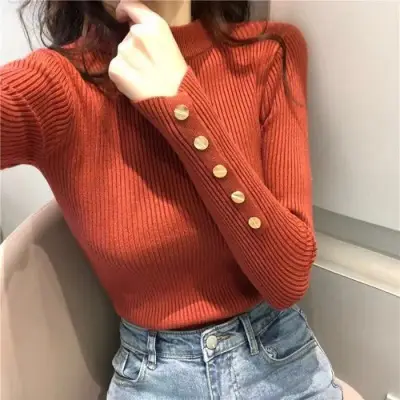 Black Knitted Half Turtleneck Sweater with Button Front - Image 5