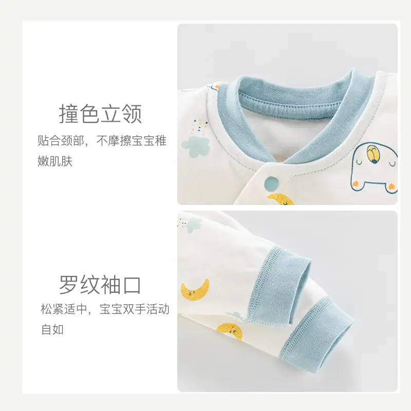 Baby Cotton Partial Placket Jumpsuit White Moon Pattern - Image 5
