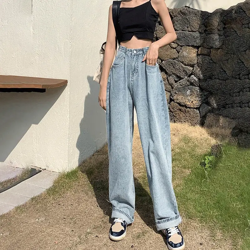 Women Wide Leg Jeans Spring Autumn Adjustable High Waist Loose New Slim Look Tall Floor Trendy Straight Pants - Image 2