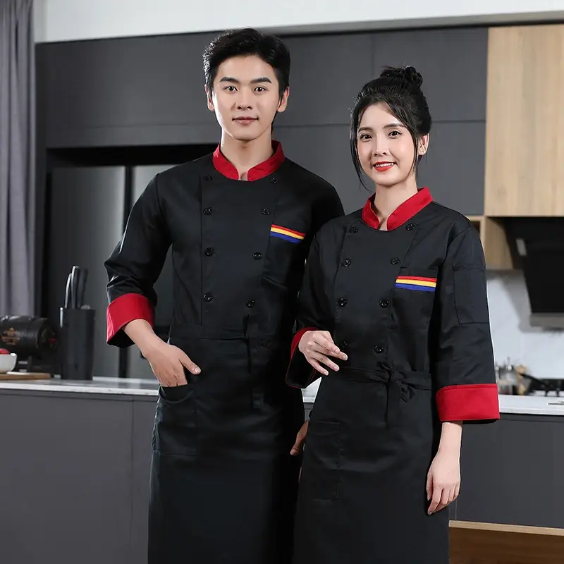 Men's White Chef's Coat with Black Collar & Colorful Pockets - Image 5