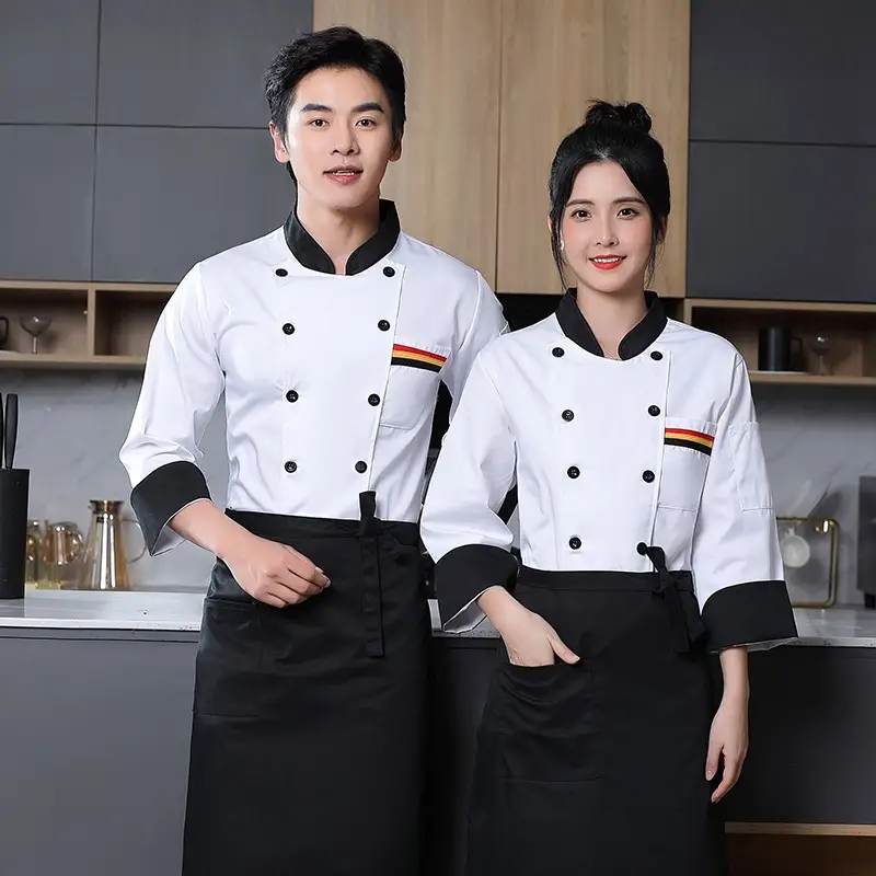 Men's White Chef's Coat with Black Collar & Colorful Pockets - Image 6