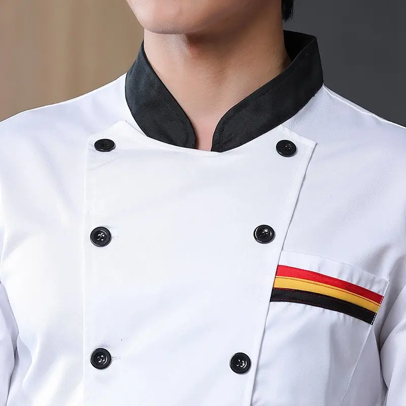 Men's White Chef's Coat with Black Collar & Colorful Pockets - Image 7