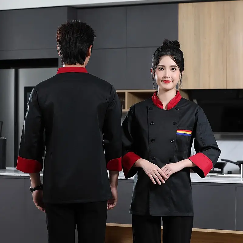 Men's White Chef's Coat with Black Collar & Colorful Pockets - Image 8