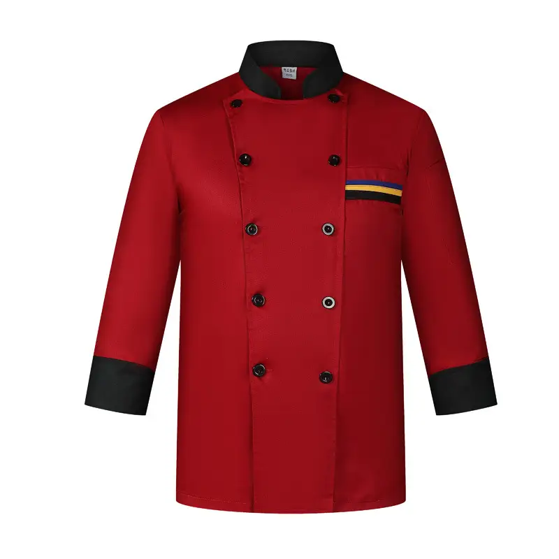 Men's White Chef's Coat with Black Collar & Colorful Pockets - Image 2