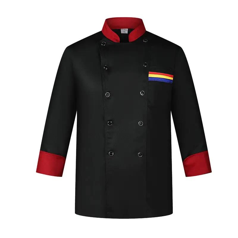 Men's White Chef's Coat with Black Collar & Colorful Pockets - Image 3