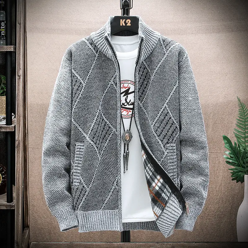 Men's 2021 Fleece Lined Geometric Cardigan Coat Large - Image 3