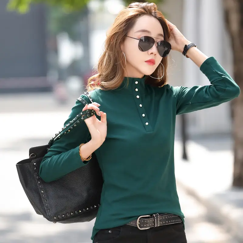 Women's Cotton Collar T-Shirt Brown Long Sleeve