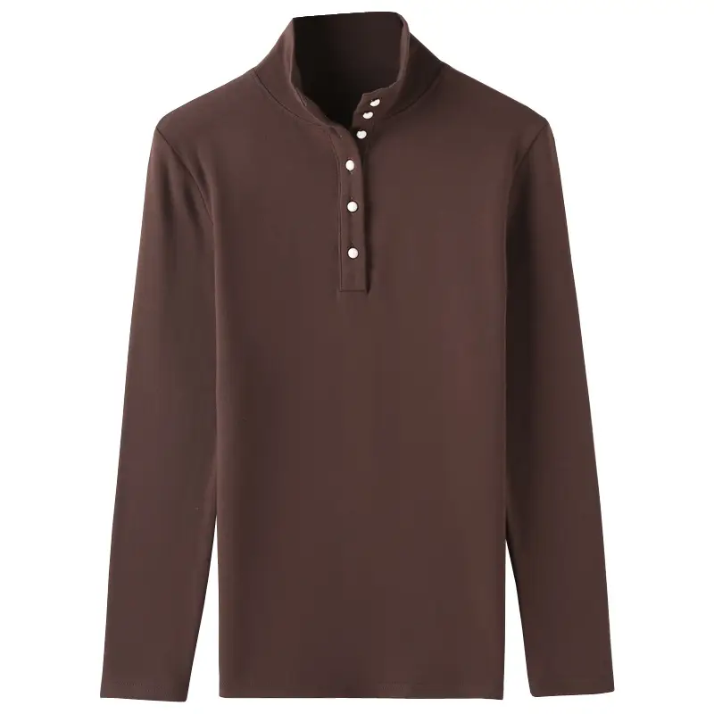 Women's Cotton Collar T-Shirt Brown Long Sleeve