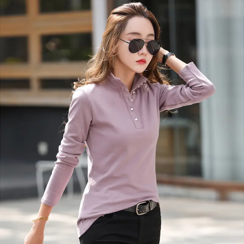 Women's Cotton Collar T-Shirt Brown Long Sleeve