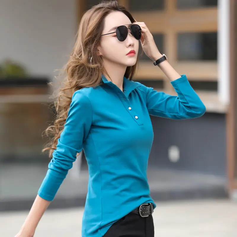 Women's Cotton Collar T-Shirt Brown Long Sleeve